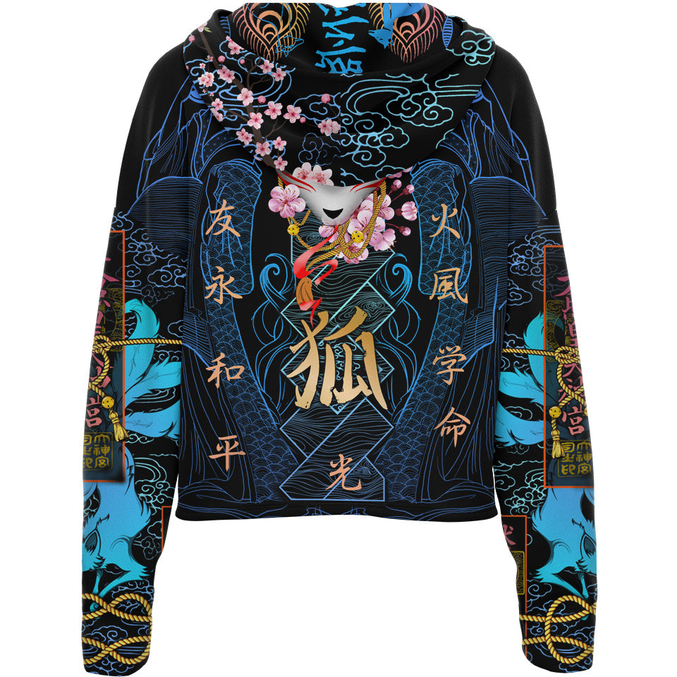 Kitsune Drop Shoulder Crop Hoodie - Blue Edition
