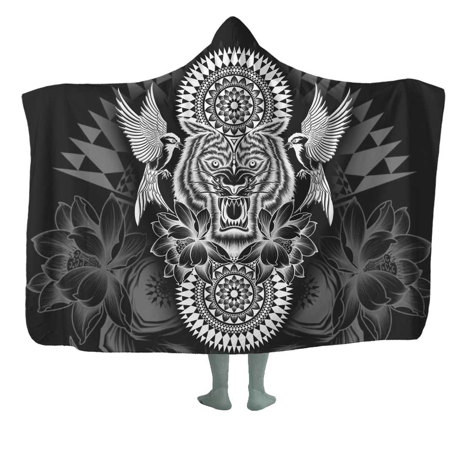 Hooded Blanket Adult-60x80 / Premium Sherpa / Black Tribal Tiger Hooded Blanket TIGER-MANDALA-BLK_HOODED-BLANKET-60x80-SHERPA