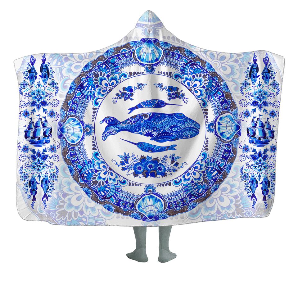 Hooded Blanket Adult-60x80 / Premium Sherpa / White Delft Ocean Hooded Blanket DELFT-OCEAN-WHITE_HOODED-BLANKET-60x80-SHERPA