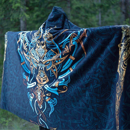 Hooded Blanket Made To Order / Adult-60x80 / Premium Sherpa Fenrir Hooded Blanket ULFHEDNAR-TEAL-GOLD_HOODED-BLANKET-60x80-SHERPA