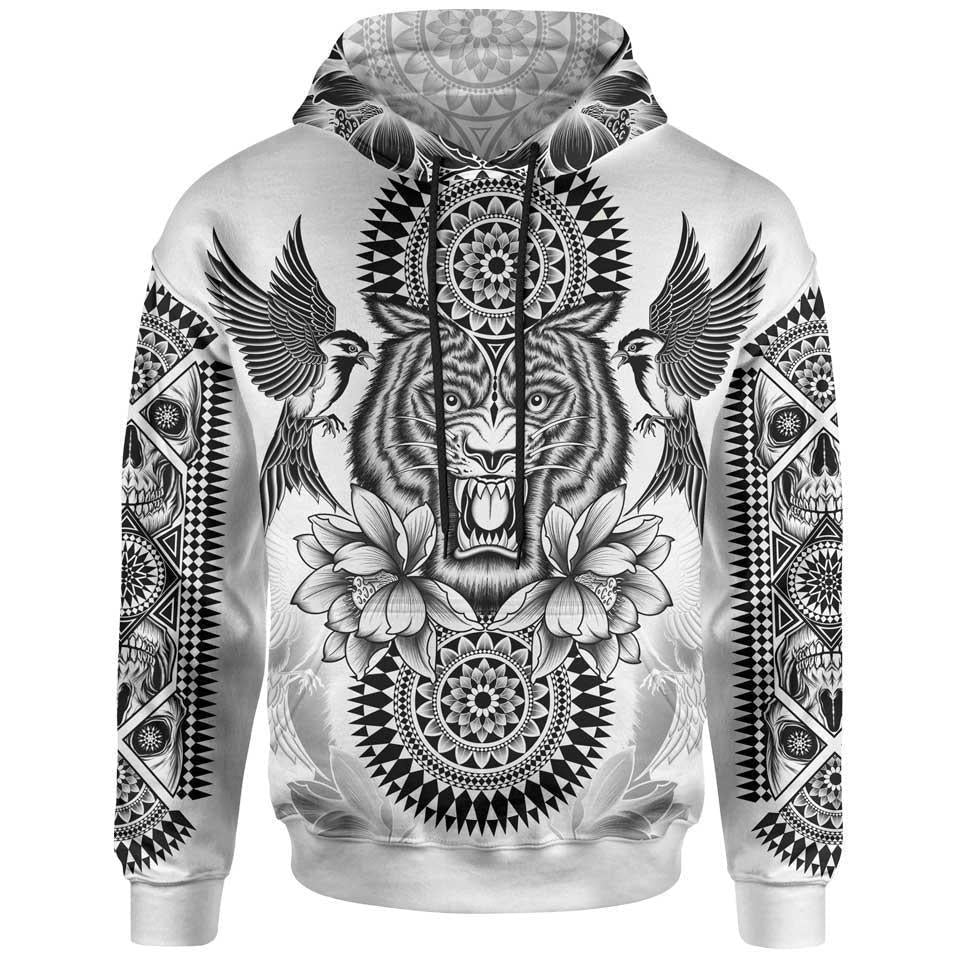 GLUDEAR Men's Polynesian Tribal Print Hoodie - Full Zip Long Sleeve Pullover, Plumeria White, 3XL