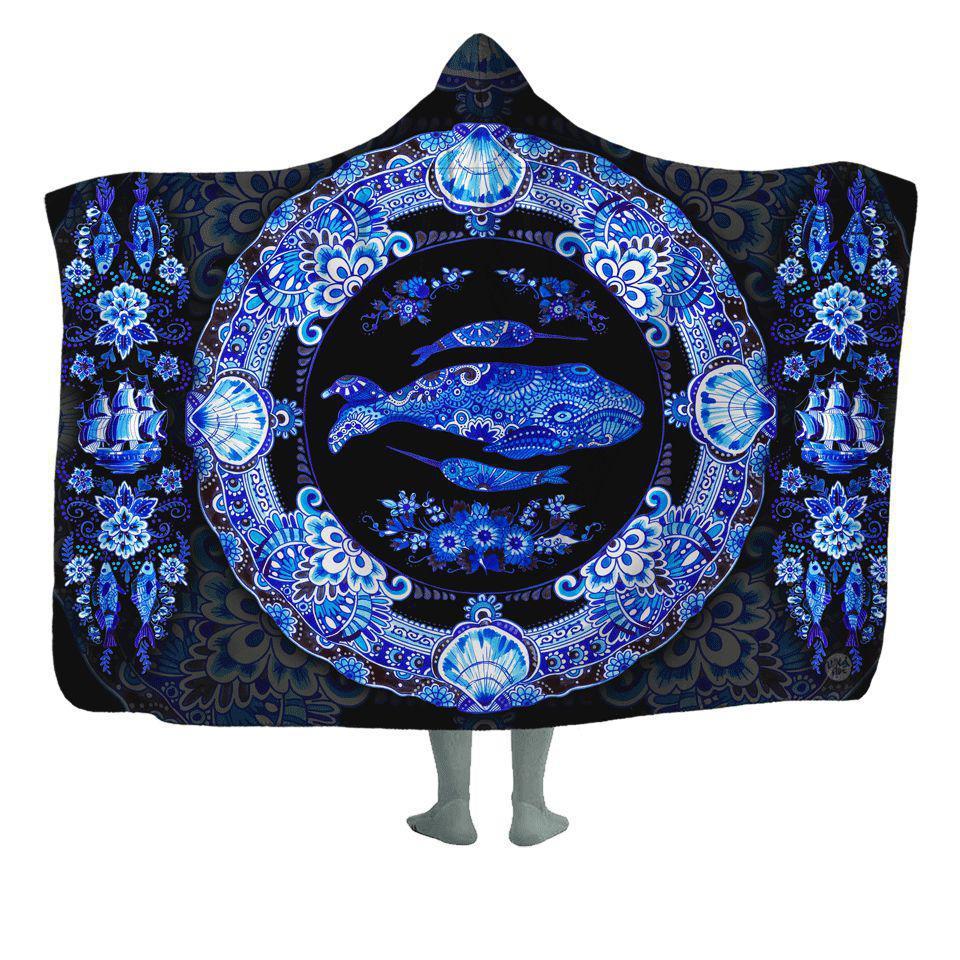 Hooded Blanket Adult-60x80 / Premium Sherpa / Original Delft Ocean Hooded Blanket DELFT-OCEAN-BLACK_HOODED-BLANKET-60x80-SHERPA
