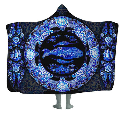 Hooded Blanket Adult-60x80 / Premium Sherpa / Original Delft Ocean Hooded Blanket DELFT-OCEAN-BLACK_HOODED-BLANKET-60x80-SHERPA