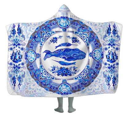 Hooded Blanket Adult-60x80 / Premium Sherpa / White Delft Ocean Hooded Blanket DELFT-OCEAN-WHITE_HOODED-BLANKET-60x80-SHERPA