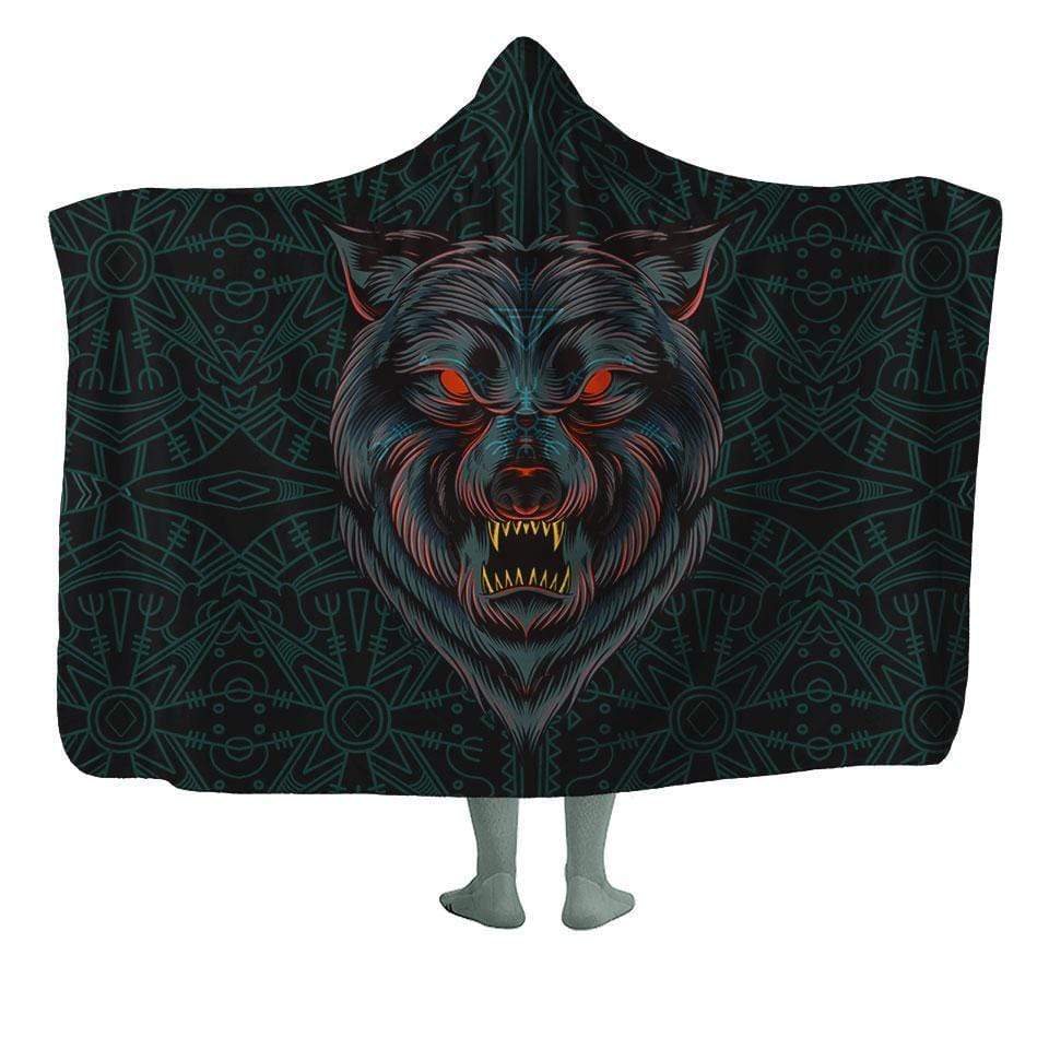 Hooded Blanket Kids - 50x60 / MicroFleece / Original Lone Wolf Hooded Blanket WOLF-GREEN_HOODED-BLANKET-50x60