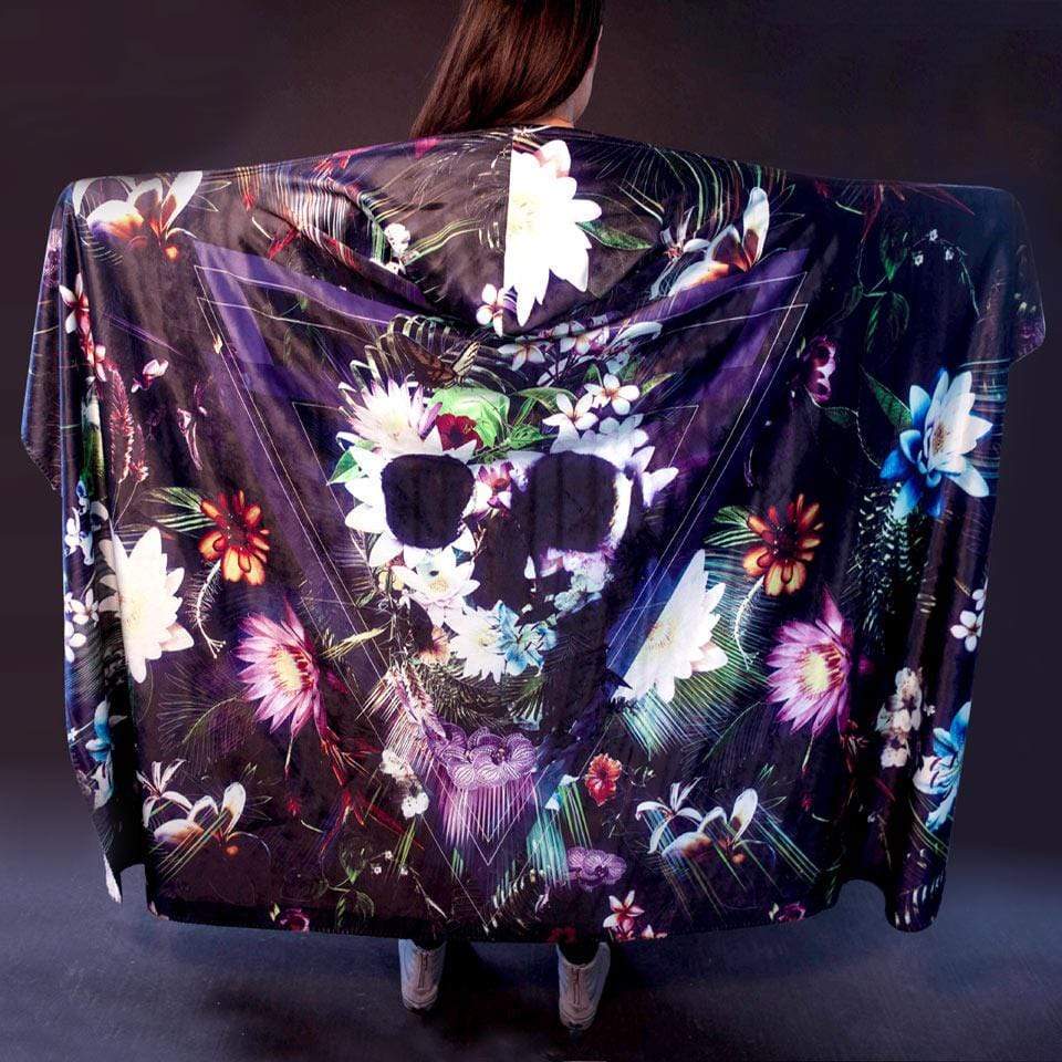 Hooded Blanket KIDS-50x60 / V1 / MicroFleece Flower Skull Hooded Blanket FLORAL-SKULL_V1_HOODED-BLANKET_50x60