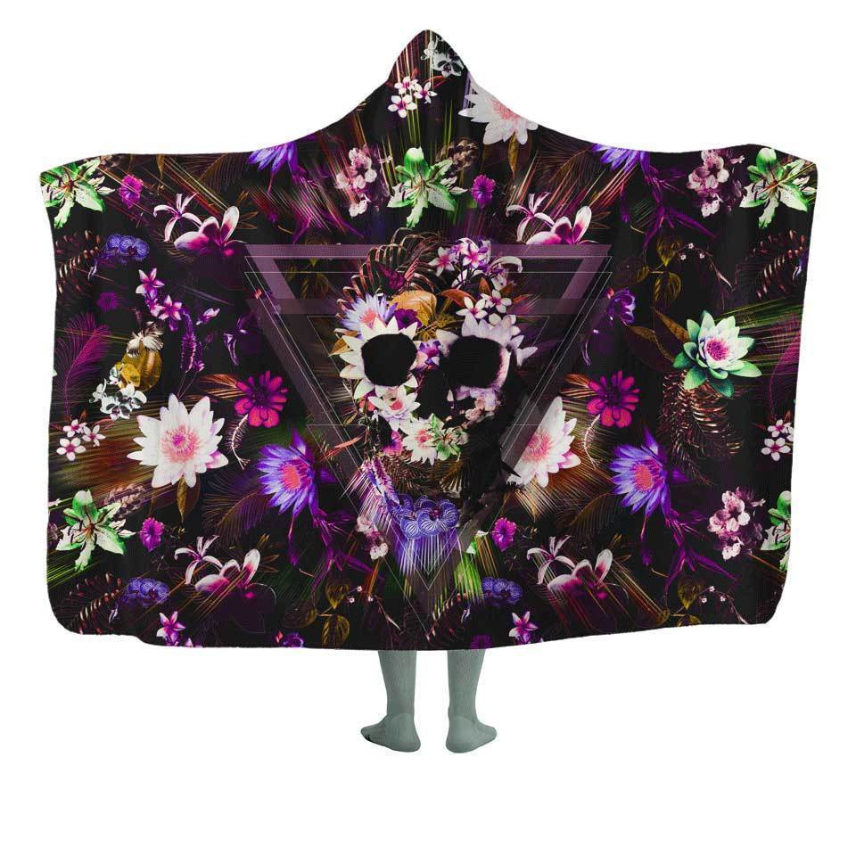Hooded Blanket KIDS-50x60 / V2 / MicroFleece Flower Skull Hooded Blanket FLORAL-SKULL_V2_HOODED-BLANKET_50x60