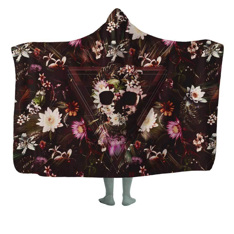 Hooded Blanket KIDS-50x60 / V3 / MicroFleece Flower Skull Hooded Blanket FLORAL-SKULL_V3_HOODED-BLANKET_50x60