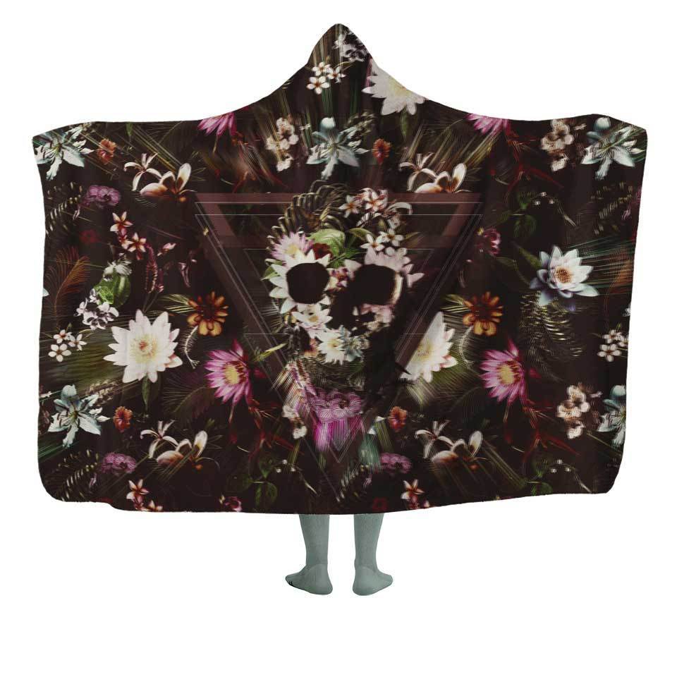 Hooded Blanket KIDS-50x60 / V4 / MicroFleece Flower Skull Hooded Blanket FLORAL-SKULL_V4_HOODED-BLANKET_50x60